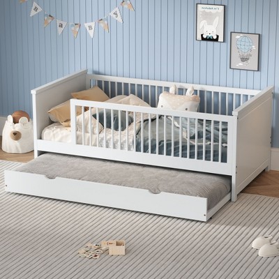 NicBex Twin Size Platform Bed 78.2" L Modern Wooden Bed Frame with Trundle and Guardrail for Bedroom, No Box Spring Required