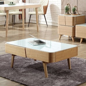 POVISON Mid Century Modern Rectangular Coffee Table, Tempered Glass Tabletop, 2 Solid Wood Drawers, MDF, For Livingroom, 45.66’’, Light Wood - 1 of 4