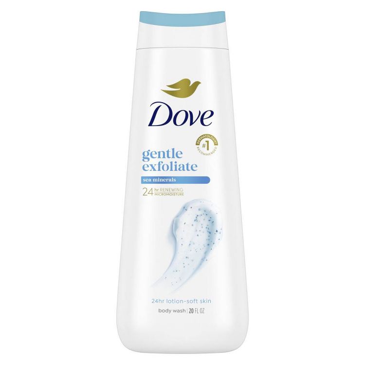 Dove Gentle Exfoliating Body Wash, 20 fl oz. The white, curvaceous bottle with a blue cap features the iconic Dove logo in gold. Includes sea minerals, promises 24-hour renewing micromoisture, and is dermatologically tested. 