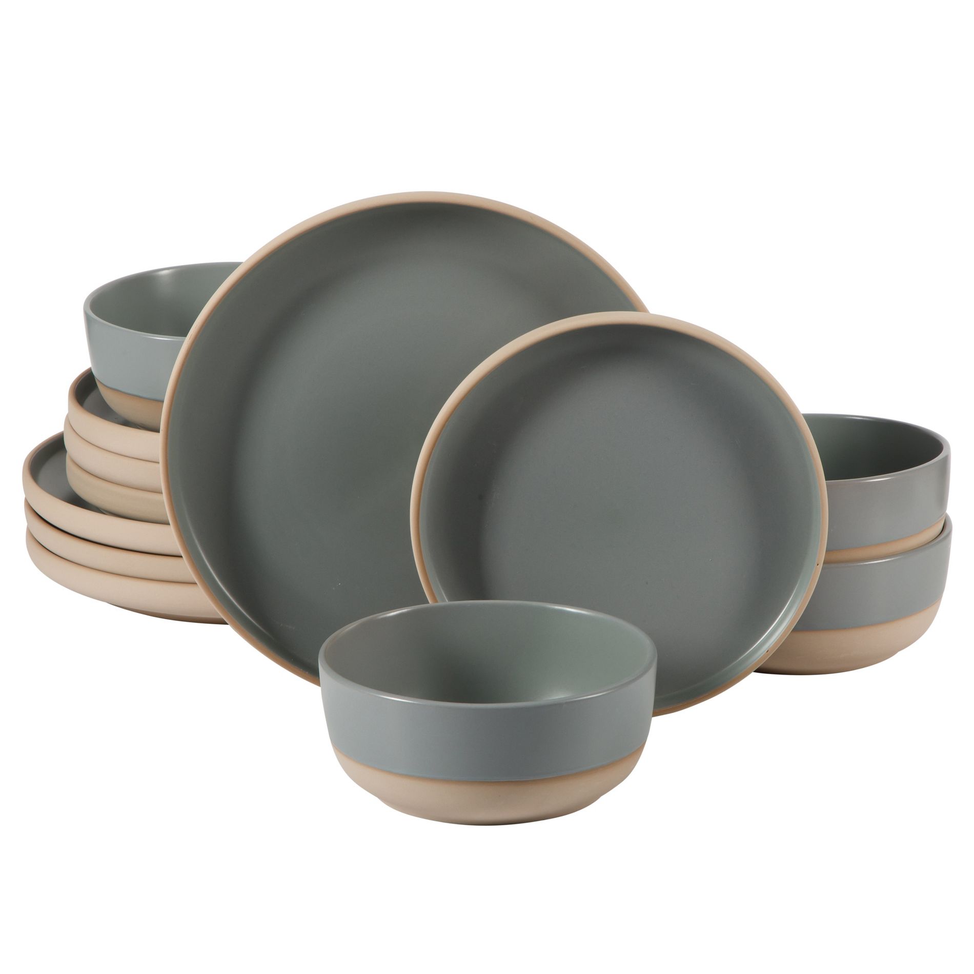 Gibson Home Plates and Bowls Set, 12 Piece Stoneware Dinnerware Set for 4, Matte Two-Tone Glaze, Dishwasher & Microwave Safe
