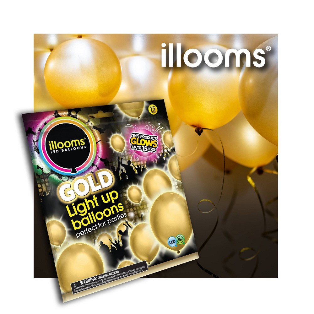 15ct Gold LED Light Up Balloons - illooms: Latex, St. Patrick's Day, LR41 Batteries Included, 8+ Years, Party Decor