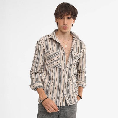 Campus Sutra Men Men's Bone Beige & Cloud Grey Multitrack Striped Oversized Shirt