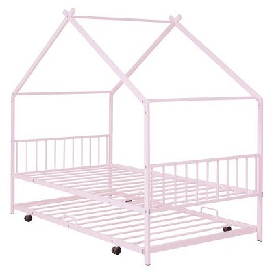 Twin Metal Bed with House Design and Included Twin Trundle Bed