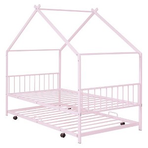 Twin Metal Bed with House Design and Included Twin Trundle Bed - 1 of 4
