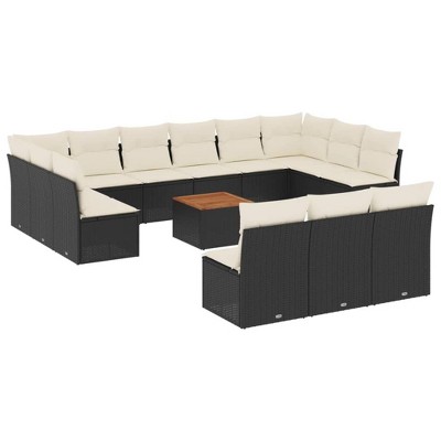 vidaXL Patio Sofa Set with Cushions Outdoor Furniture 14 Piece Poly Rattan - Black and Cream