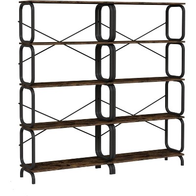 Vintage 5-Tier Tall Bookshelf, Floor Standing Industrial Bookcase, Open Display Storage Organizer with Metal Frame for Living Room, Bedroom, Office