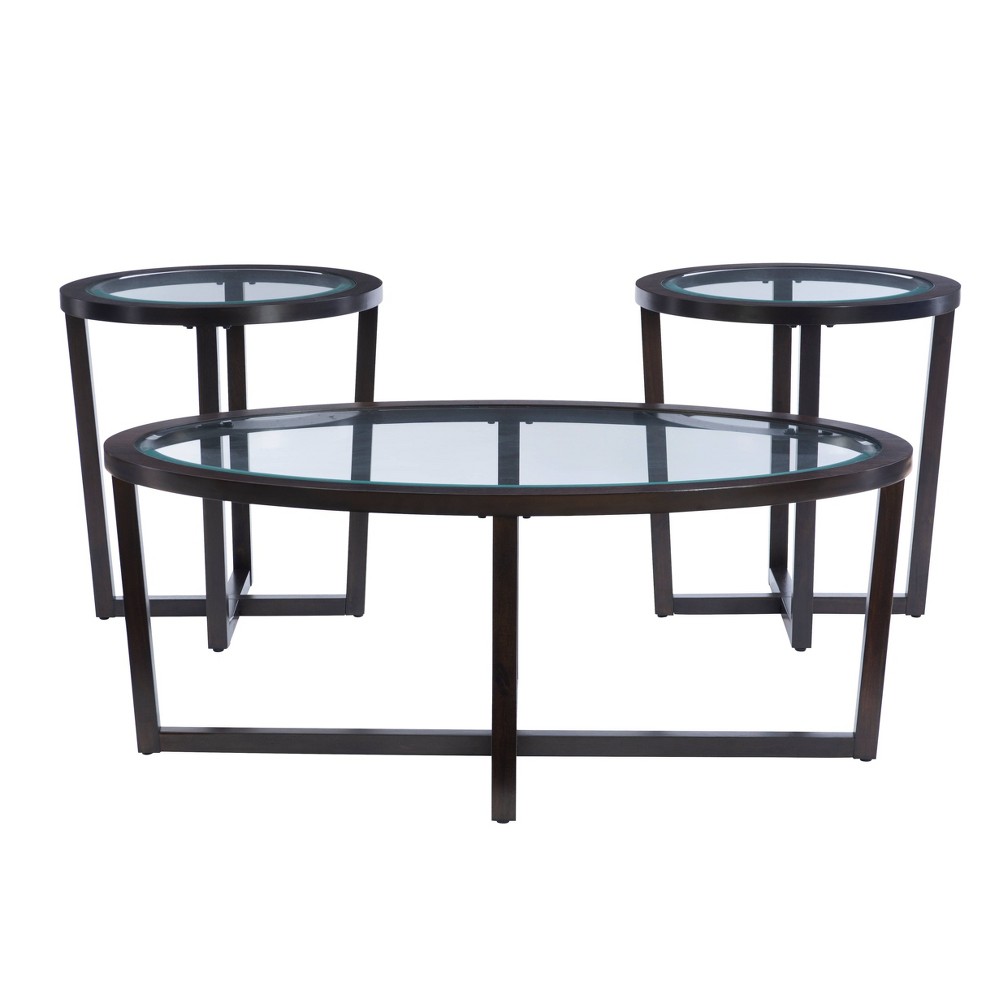 3pc Beecher Transitional Glass Tabletop Wood Frame Coffee & End Table Set Dark Brown - Powell