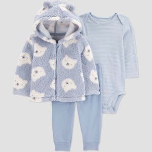 Carter's Just One You® Baby Boys' 3pc Bears Faux Shearling Sweatshirt with Long Sleeve Bodysuit and Pants Set - Blue - 1 of 4
