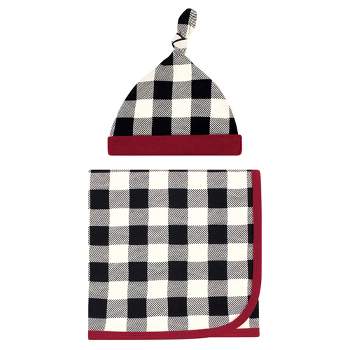 Touched by Nature Baby Boy Organic Cotton Swaddle Blanket and Headband or Cap, Black Plaid, One Size