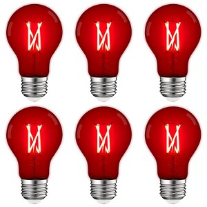 Luxrite A19 LED Red Light Bulb, 4.5W=60W Equivalent, Clear Glass Filament, UL Listed, Indoor Outdoor, Porch, Decoration, E26 Standard Base 6 Pack - 1 of 4