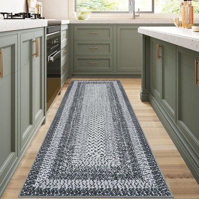 Washable Area Rug, Vintage Accent Rug, Braided Print Carpet, Low Pile Non-Shedding Kitchen Rugs with Non Slip Backing, Foldable Rug