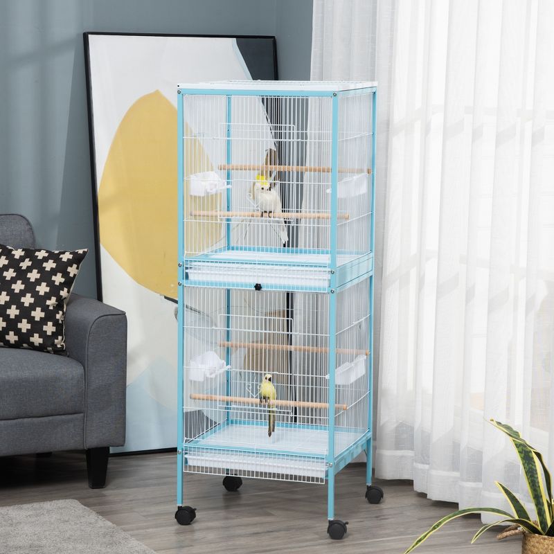 PawHut 55" 2 In 1 Bird Cage Aviary Parakeet House for finches, budgies with Wheels, Slide-out Trays, Wood Perch, Food Containers, 3 of 7