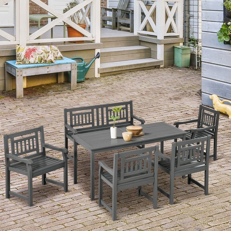 Outsunny 6 Piece Patio Dining Set, Outdoor Poplar Wood Furniture Set, Umbrella Hole Table and Chairs with Bench, Dark Gray, 4 of 8