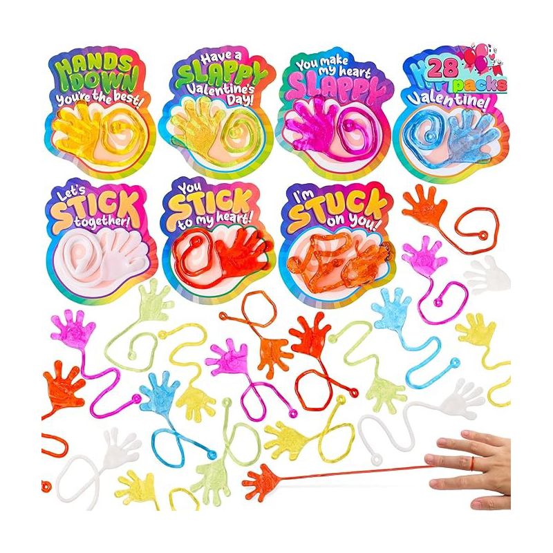 Syncfun 28 Pack Valentine's Day Sticky Hands with Cards, Classroom Exchange Gift for Kids, Classroom and Holiday Reward Prizes, 1 of 8