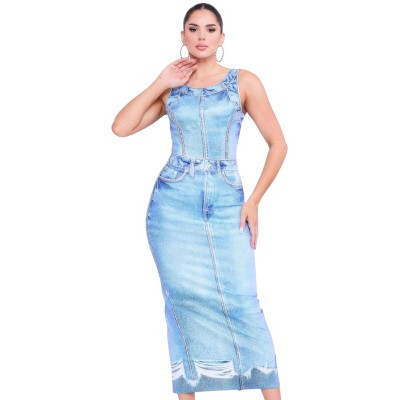 Slickblue Women's Knit Midi Dress With Denim Wash Print, Back Slit Detail, Casual Wear Style, Indigo, Size S-L