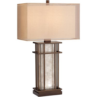 Franklin Iron Works Farmhouse Table Lamp with Nightlight LED Rustic Bronze Mica Glass Neutral Shade for Living Room Bedroom Family