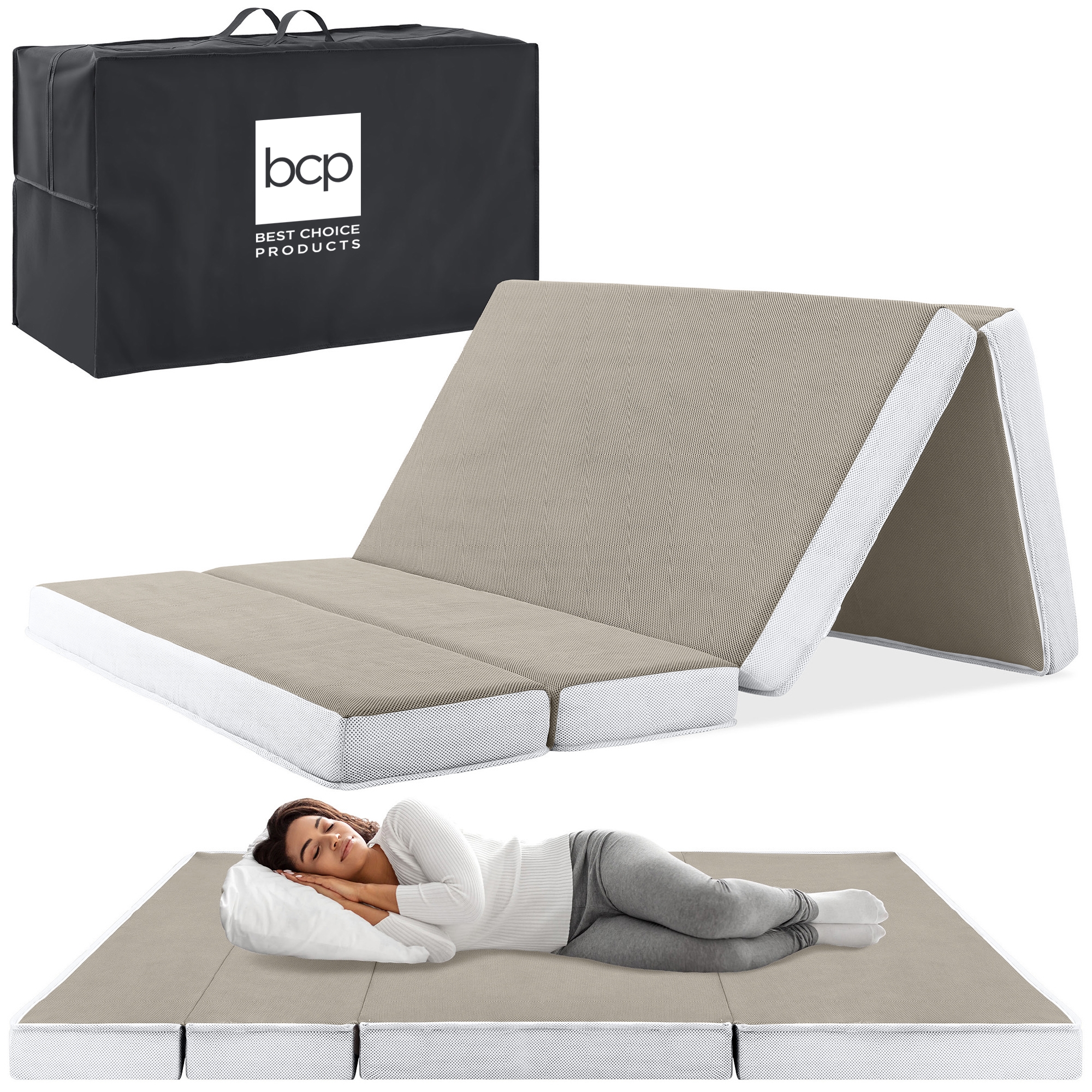 Best Choice Products 4in Thick Folding Portable Queen Tri-Fold Mattress w/ Carry Case, Washable Cover - Taupe
