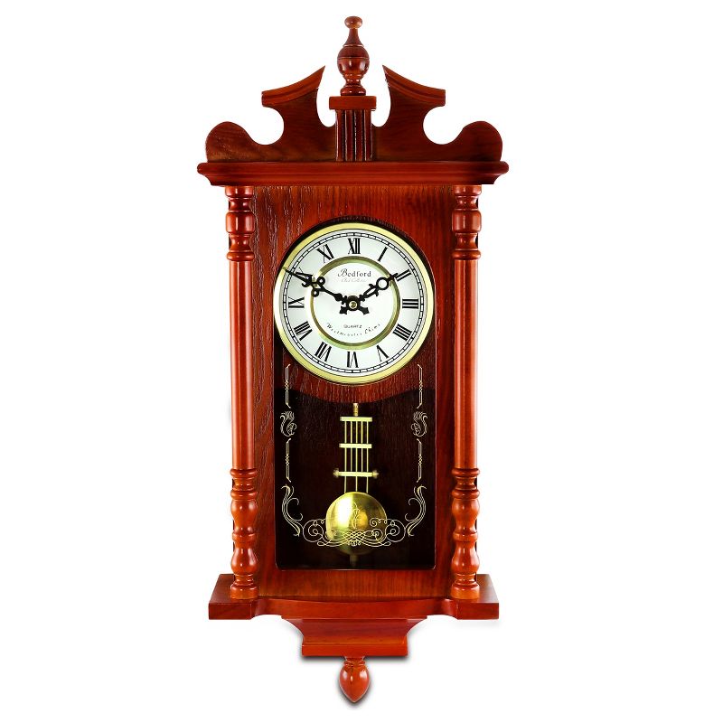 Bedford Collection 25 Inch Wall Clock with Pendulum and Chime in Dark Redwood Oak Finish, 1 of 6