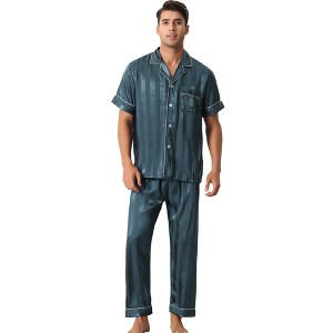 cheibear Men Striped Satin Button Down Short Sleeve Long Pants Pajama Set - 1 of 4