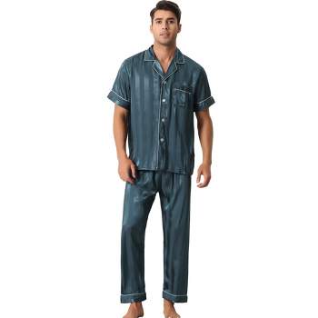 cheibear Men Striped Satin Button Down Short Sleeve Long Pants Pajama Set