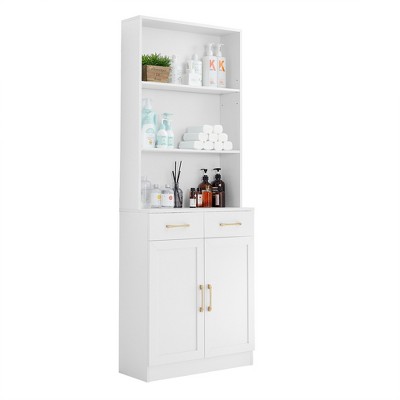 TiramisuBest Bathroom Storage Cabinet, Cabinet with Two Doors and Drawers, Adjustable Shelf, Three-layer Open Shelf, MDF Board, White