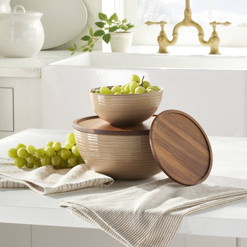 Ribbed Stoneware Serving Bowls with Wood Lids Blush/Brown (Set of 2) - Hearth &#38; Hand&#8482; with Magnolia, 3 of 12