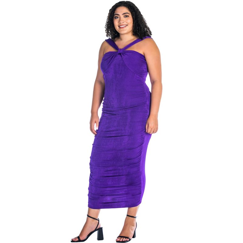 24seven Comfort Apparel Halter Cross Neck Ruched Plus Size Bodycon Mid Dress, 2 of 5