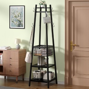 VECELO Freestanding Industrial Coat Rack with Metal Basket, 2 Shelves & 8 Dual Hooks – Entryway Hall Tree for Hats, Bags, and Scarves - 1 of 4