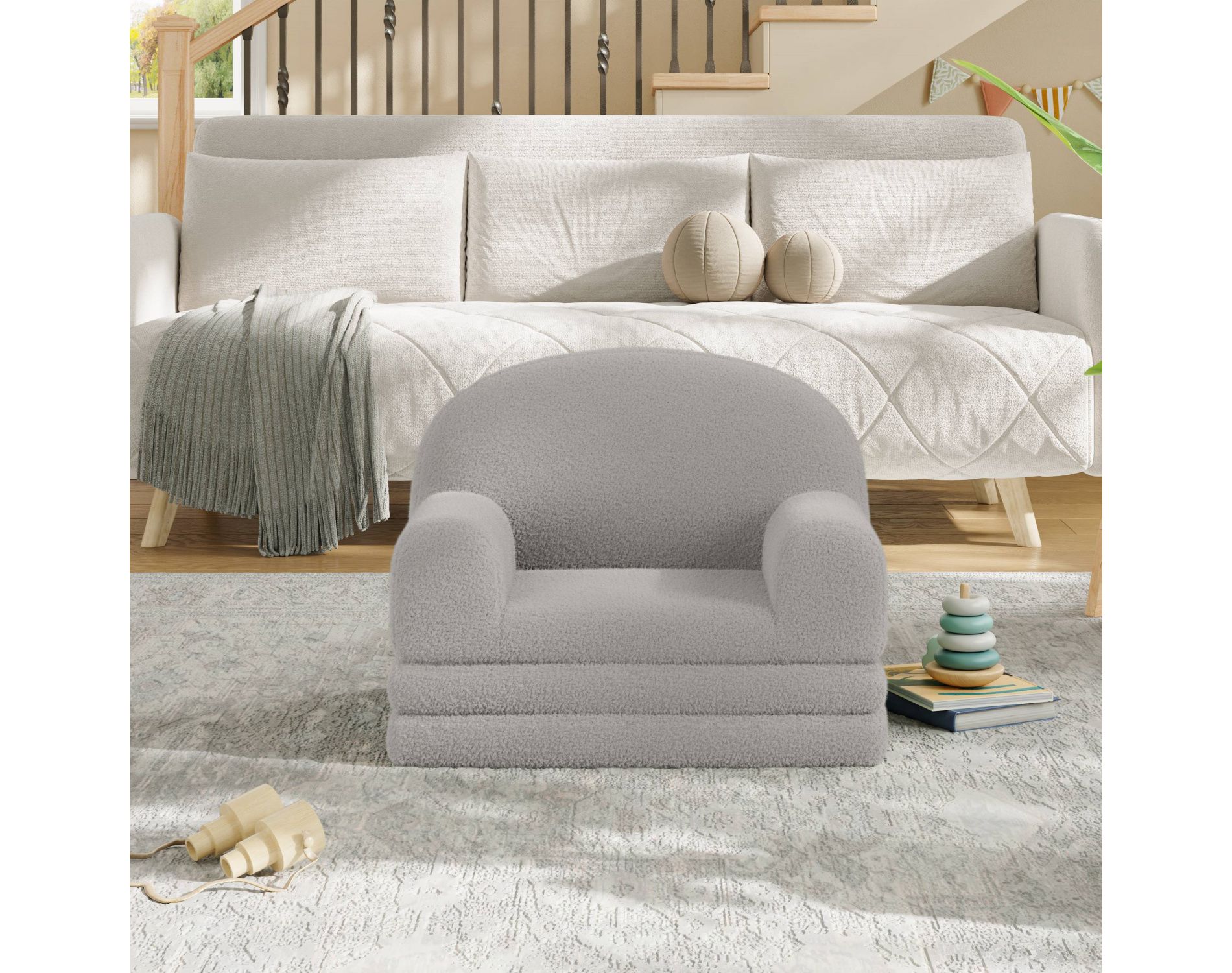 Coucheta 2-In-1 Convertible Kids Sofa, Foldable Toddler Couch with Teddy Fleece, Convertible Lounge for Playroom or Nursery, Gift for Boys & Girls