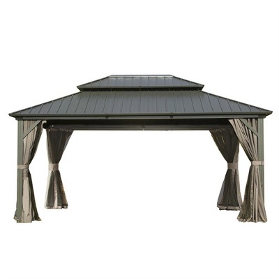 DOMETOUR Hardtop Gazebo Outdoor Aluminum Gazebos Grill with Galvanized Steel Double Canopy for Patios Deck Backyard,Curtains&Netting