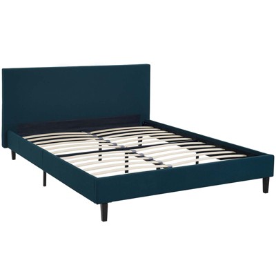 Anya Azure Blue Queen Upholstered Wood Frame Bed with Slatted Support