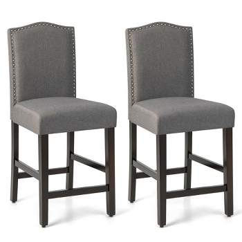 Costway Set of 2 Fabric Barstools Nail Head Trim Counter Height Dining Side Chairs Grey/Beige