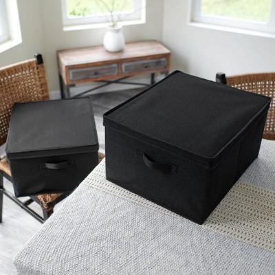Jumbo Black Linen Stackable Fabric Storage Bins with Lids