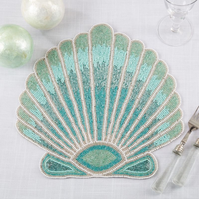 Saro Lifestyle Table Mats with Sea Shell Beaded Design (Set of 4), Blue, 4 of 5