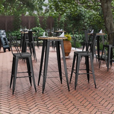 23.75" Round Brown Poly Resin Top Bar Table with Black Steel Base