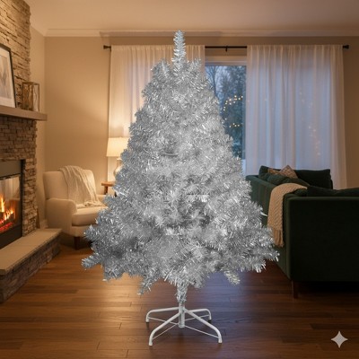 4FT Silver Pre-Lit Christmas Tree, 400 Tips, 150 LED Lights, 11 Modes, Hinged Full Design with Metal Stand, Perfect Indoor & Outdoor Holiday Decor