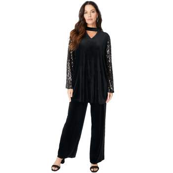 Roaman's Women's Plus Size Petite Ten-button Pantsuit, 14 W - Black : Target