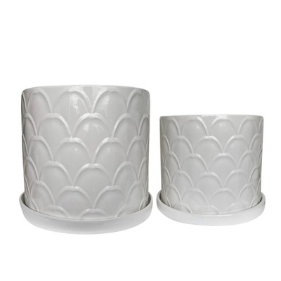 Sagebrook Home Set of 2 Scaly Planters with Saucers White