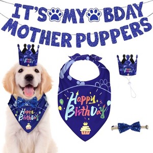 iMountek "Dog Birthday Bandana Hat Set – Cute Party Supplies with Banner, Bowtie & Hat for Dog Birthday Celebration" Blue - 1 of 4