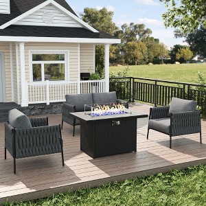 LayinSun 4 Piece Outdoor Furniture Set with Fire Pit Table, Modern Rope Woven Patio Conversation Sofa Set with Olefin - 1 of 4