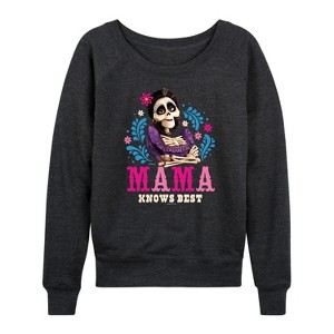 Women's Disney Imelda Mama Knows Best Lightweight French Terry Wide Neck Long Sleeve Graphic Shirt - Heather Charcoal - Small - 1 of 4