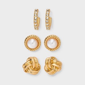 Knot and Pearl Stud Earring Set 3pc - A New Day™ Gold - 1 of 3