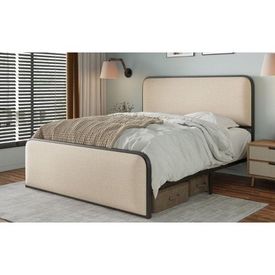 Okak Queen/King Modern Fabric Platform Bed Frame with Curved Upholstered Headboard and Footboard Metal Slats Storage Bed Easy Assembly