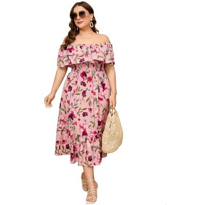 Women Plus Size Off Shoulder Maxi Dress Ruffle Flowy Casual Summer Boho Long Dresses