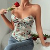 Coolmee Women's Vintage Printed Corset Overbust Bustier Tops Fishbone Front Button Down Bodyshaper Back Adjustable Strap Corset Tops S Light Green - 3 of 4
