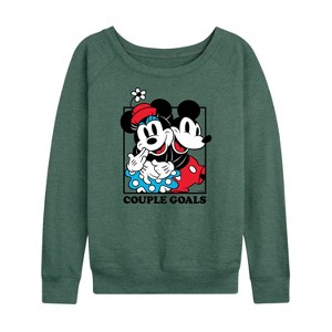 Women's - Disney - Mickey Minnie Couple Goals Lightweight French Terry Wide Neck Long Sleeve Shirt - 1 of 4