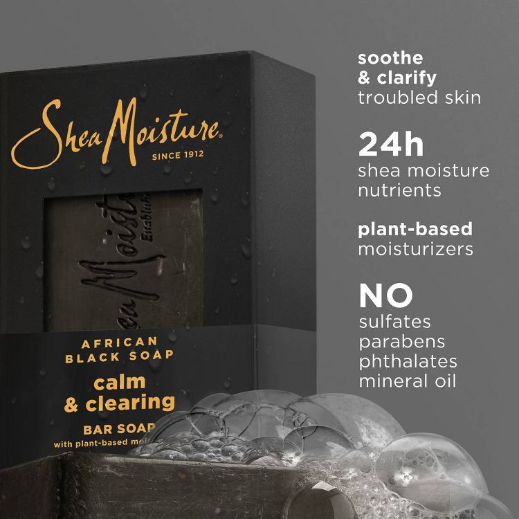 SheaMoisture African Black Soap Bar Soap. 24h shea moisture nutrients. Plant-based moisturizers are included, and it contains no sulfates, parabens, phthalates, or mineral oil. 