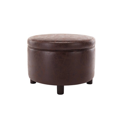 Large Round Storage Ottoman With Lift, Round Leather Ottoman With Storage