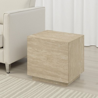 Royal Hampton Side End Table, 19 Inch Square Travertine Top, Natural Wood Beige