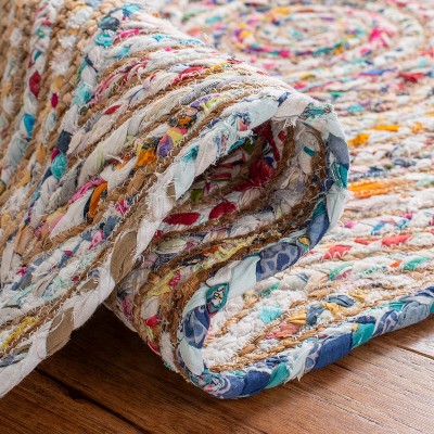 Boho-Chic Multicolor Cotton and Jute Hand-Knotted Oval Rug